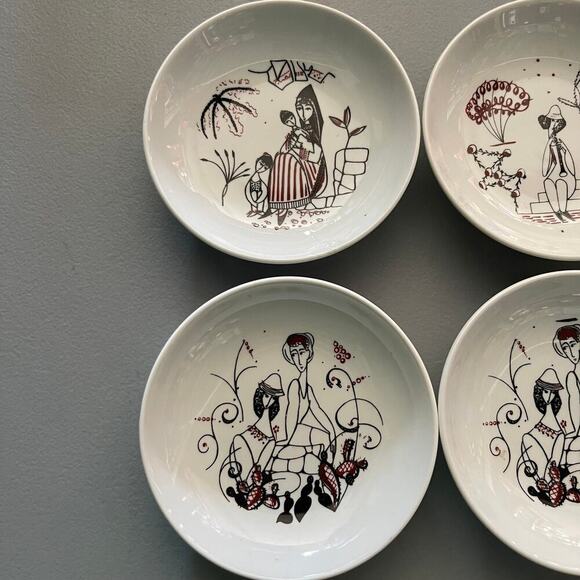 NAAMAN Israel Vintage Israeli Folklore Fine Porcelain Set of 6 Small Plates 4" - Picture 2 of 6
